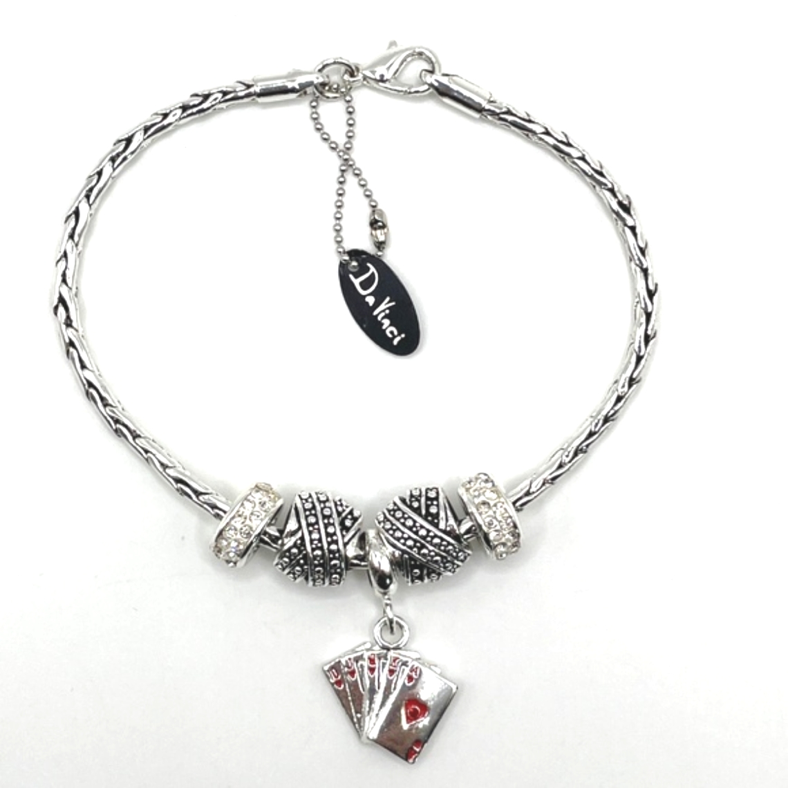 Davinci Silver Tone Royal Flush Charm Beaded Silver Tone Bracelet